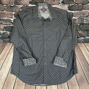 Robert Graham Polo Shirt Mens 2XL Gray Pattern Button Up Flip Cuff Classic Fit